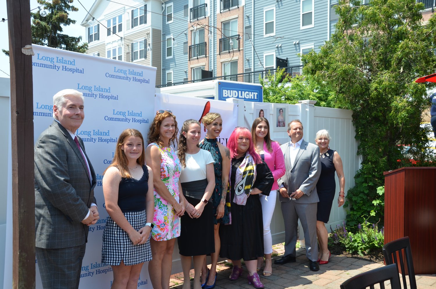 From left to right Long Island Community Hospital President and CEO Richard T. Margulis, scholarship recipient Madison Eddington, honoree Kourtney Bevis, honoree Michelle Miller-McEvoy, honoree Michele Cayea, honoree Beth Giacummo, scholarship recipient Julia James Katz, Executive Director of the Patchogue Chamber David Kennedy and event founder Kathy Fallon.